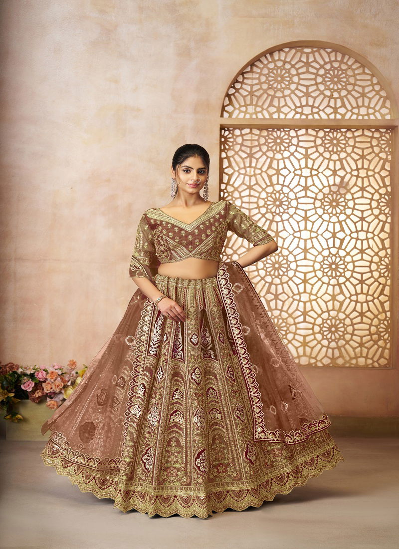 Kf 31 Coffee Banarasi Silk Embroidered Lahenga For Wedding Wholesale Suppliers In Mumbai